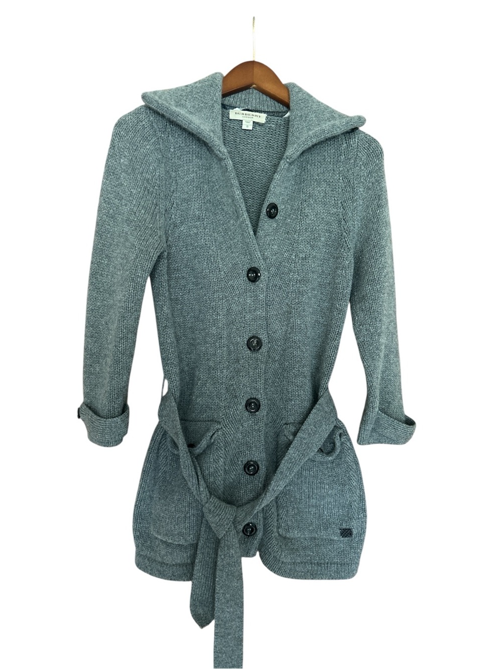 Burberry Vintage Gray Hooded Belted Knit Cardigan wool and cashmere